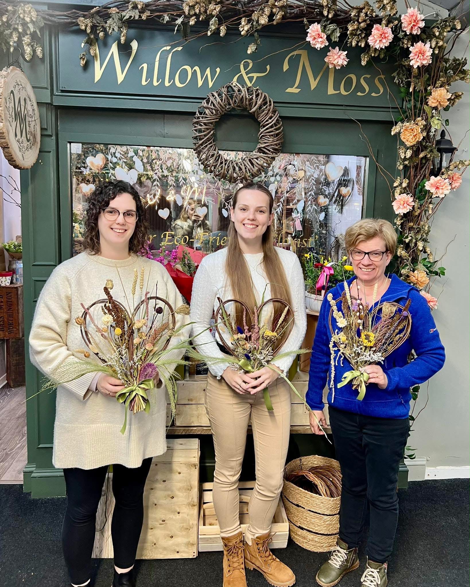 Willow & Moss workshop guests with their dried flower heart wreaths