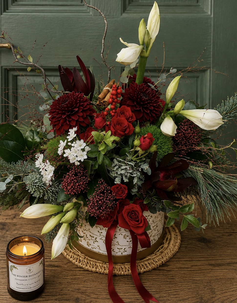 Christmas floral arrangement by Willow and Moss