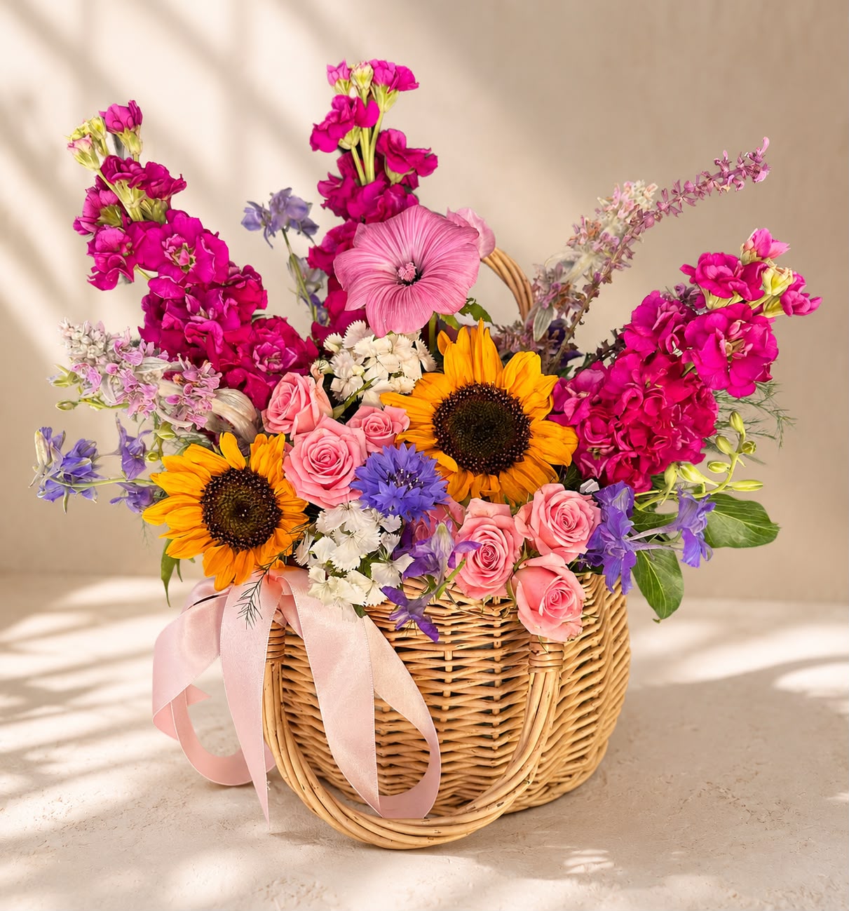 Flower basket arrangement by Willow and Moss