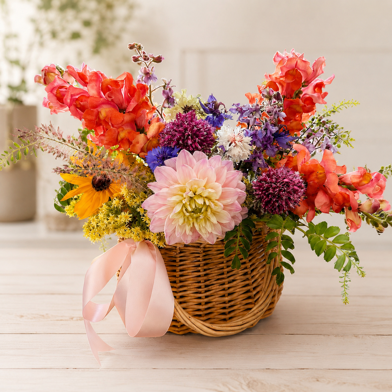 Flower basket arrangement by Willow and Moss