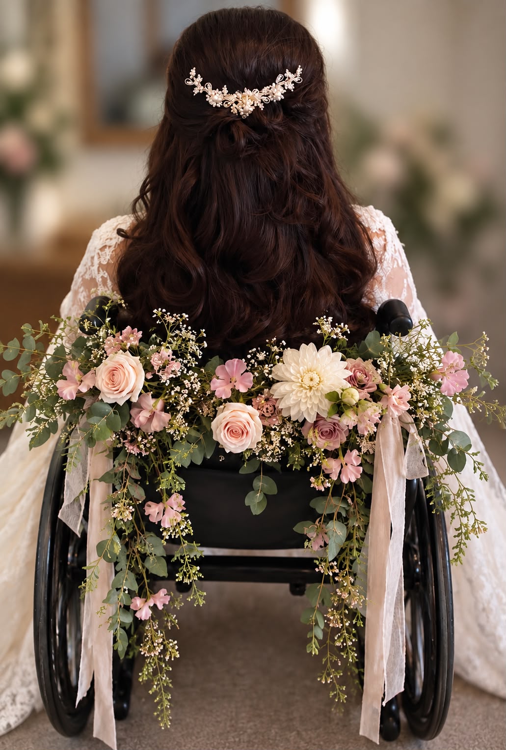 Bridal wheelchair dressed with a trailing arrangement of pink and cream flowers and eucalyptus